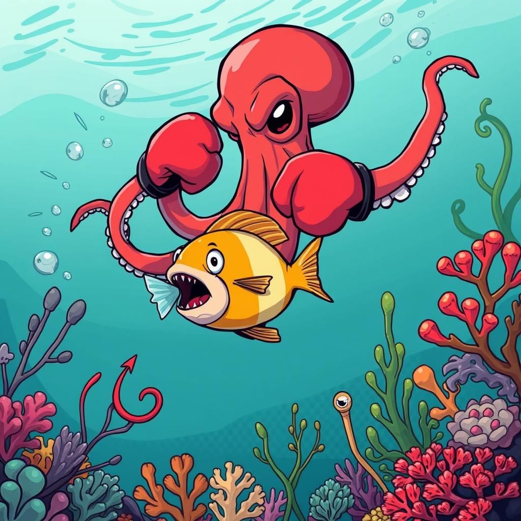 Boxing Octopus Punches Fish in Comic Book Style