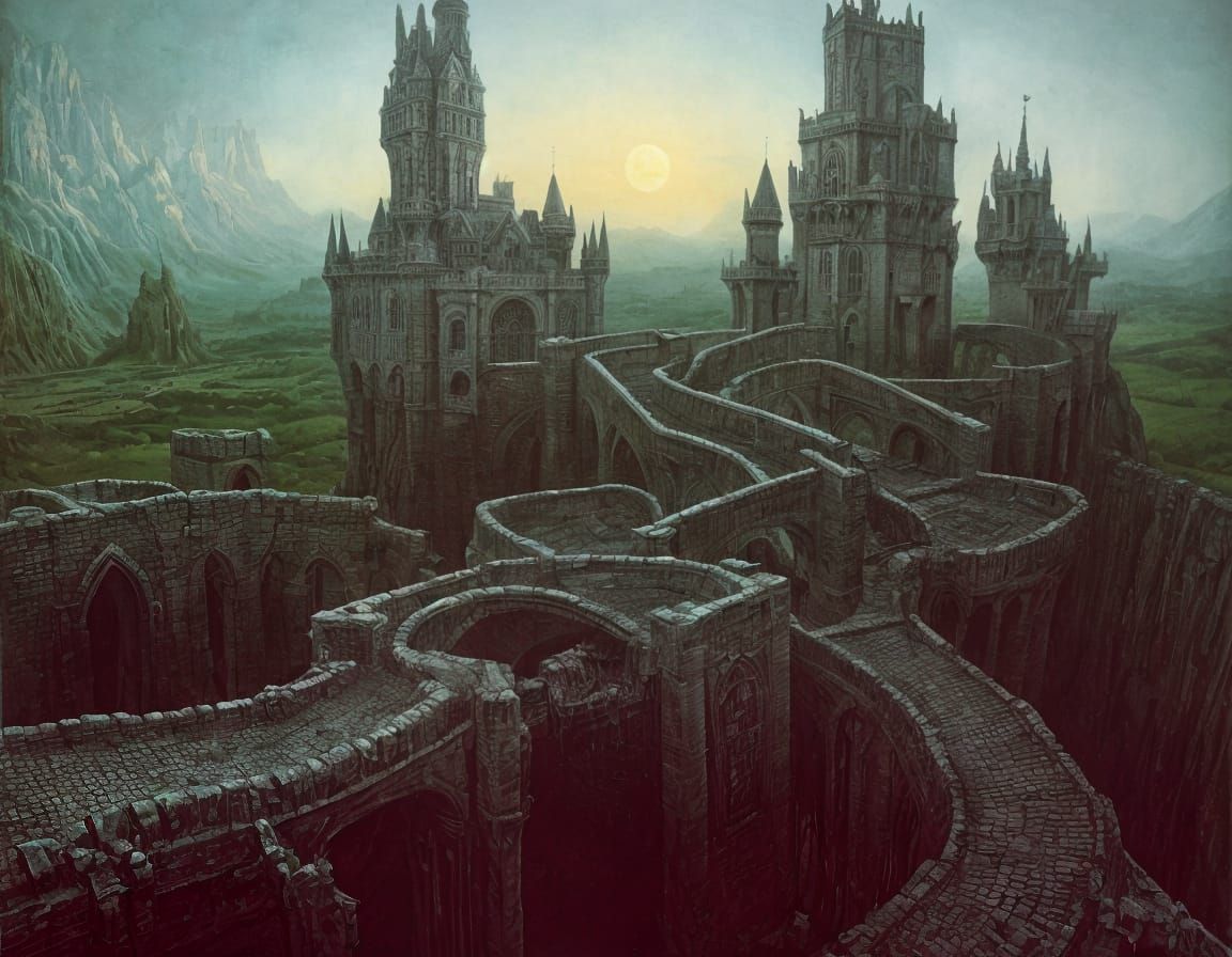 Surreal Castle with Drawbridges in Dark Dreamlike Style