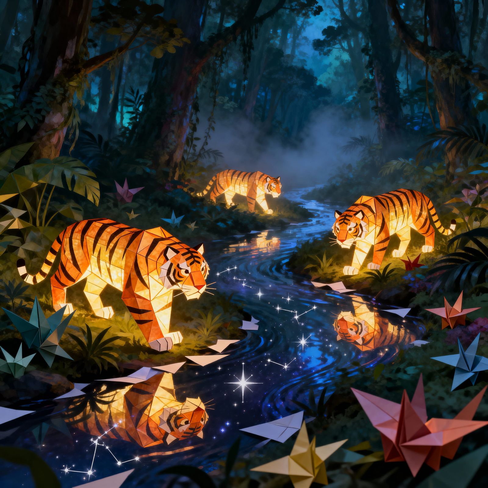 Origami Rainforest at Night with Luminous Paper Tigers