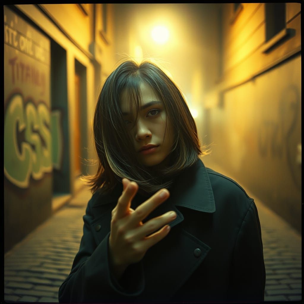 Mysterious Figure in 1970s Urban Alley, Captured with Cinema...