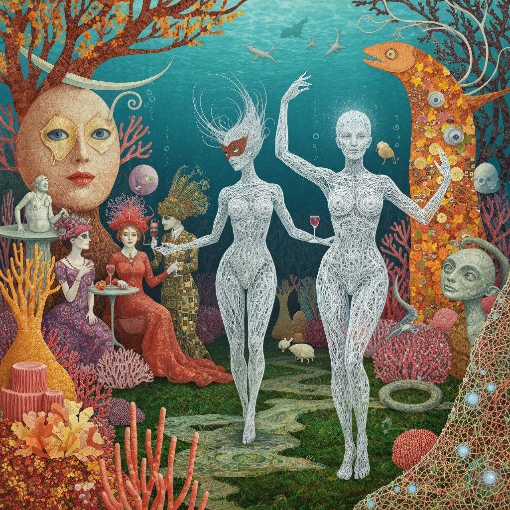 Surreal Underwater Garden Party with Whimsical Sea Creatures