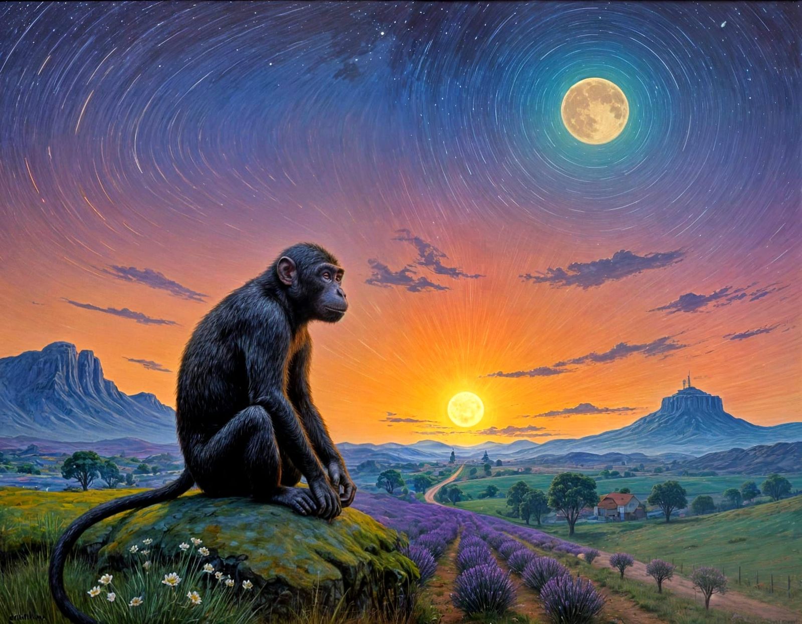 Vibrant Psychedelic Monkey Radiates Joy Amidst Dreamlike Sta...