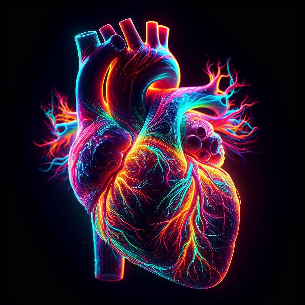Fluorescent Human Heart Against Black Backdrop