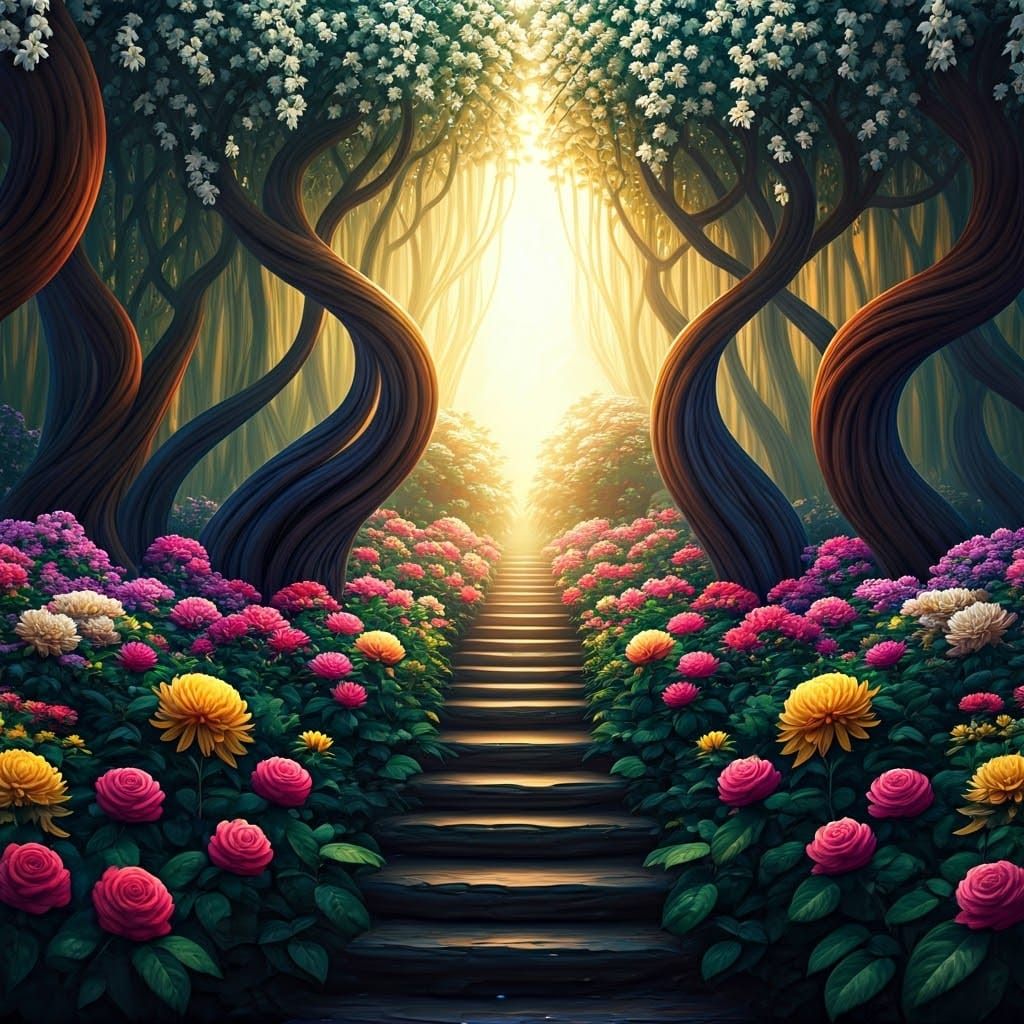 Vibrant Mystical Garden with Roses, Chrysanthemums, and Jasm...