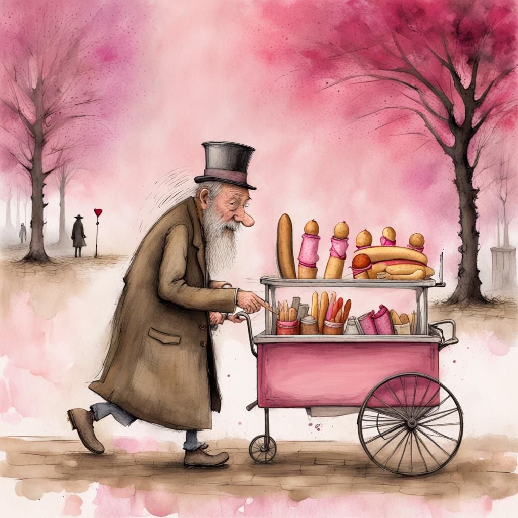Whimsical Hotdog Cart Illustration in Pink Alcohol Inks