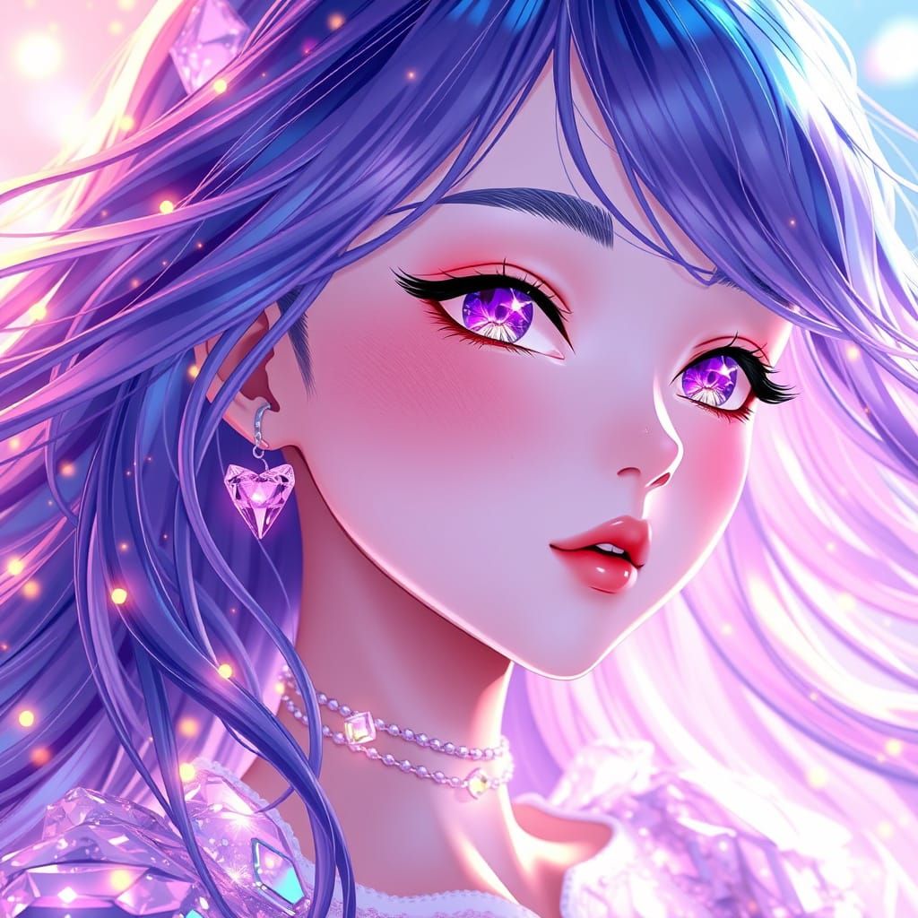 Celestial Crystal Anime Girl in Vibrant 3D Art Style
