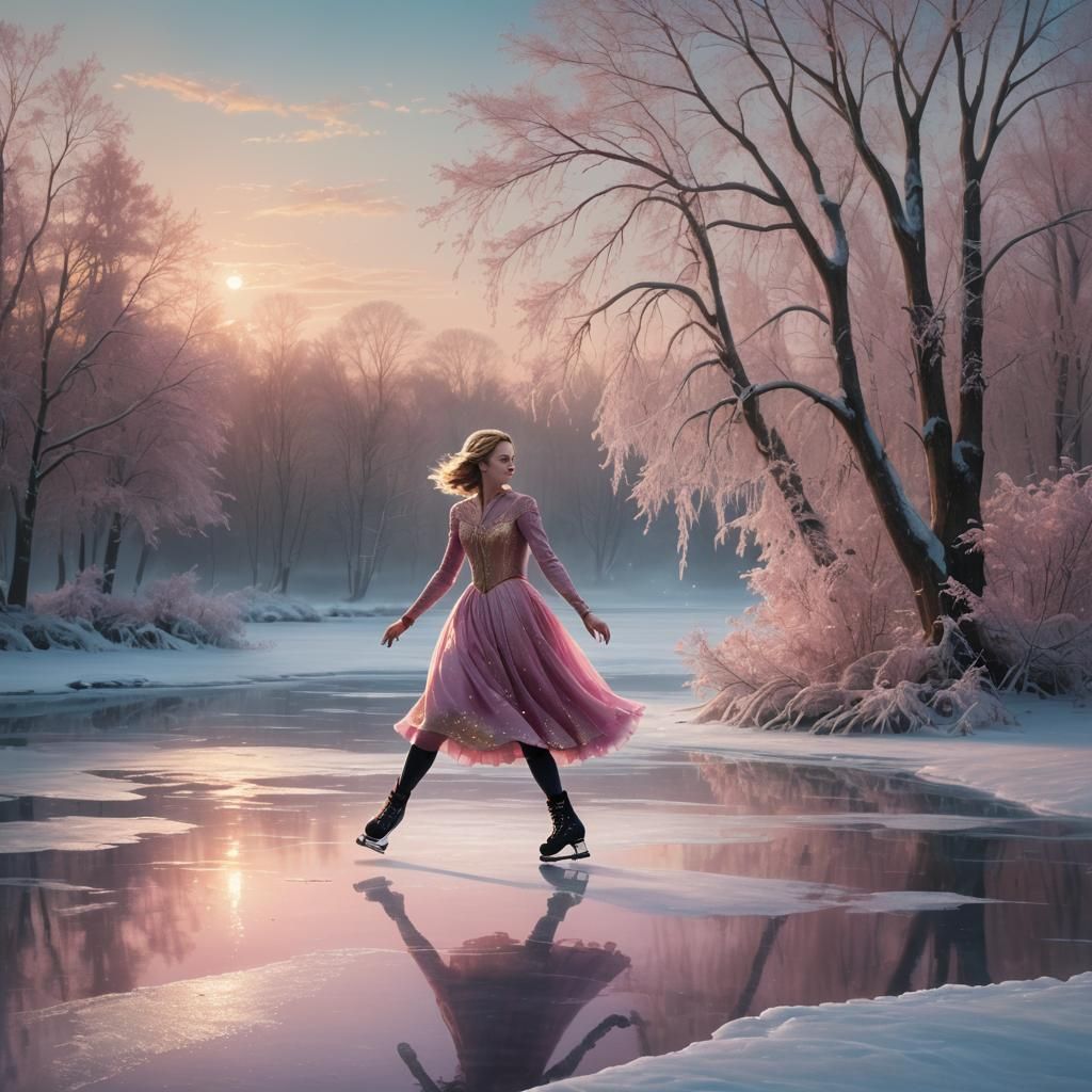 Woman Ice Skating in Pink Dress: Digital Matte Painting