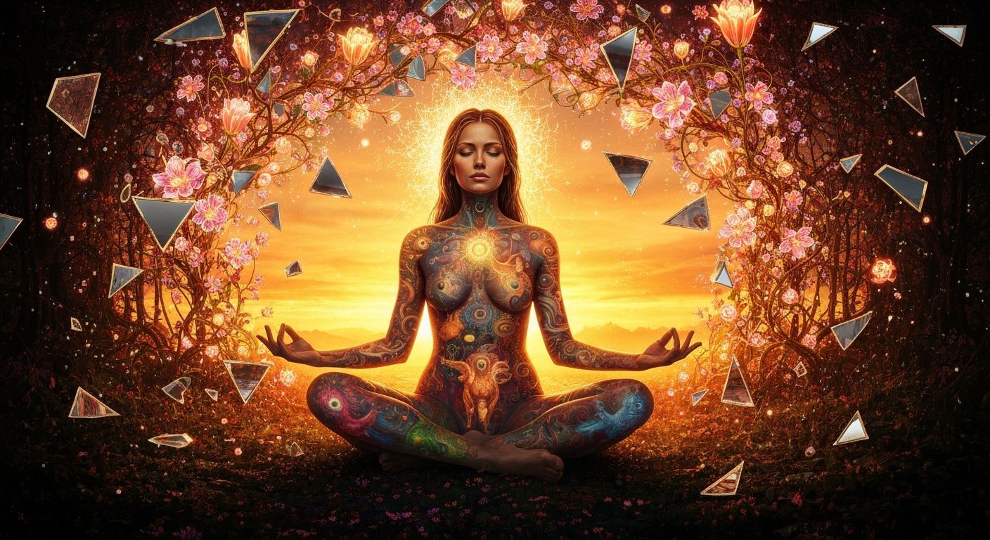 Mystical Woman Meditating in a Labyrinth of Light