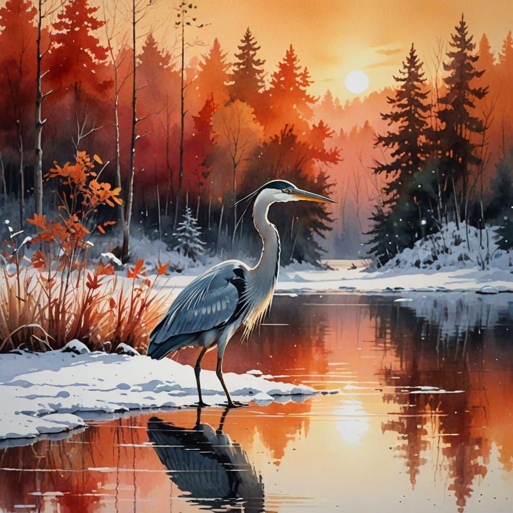 Vibrant Sunset Heron in Autumn Forest with Snowy Landscape