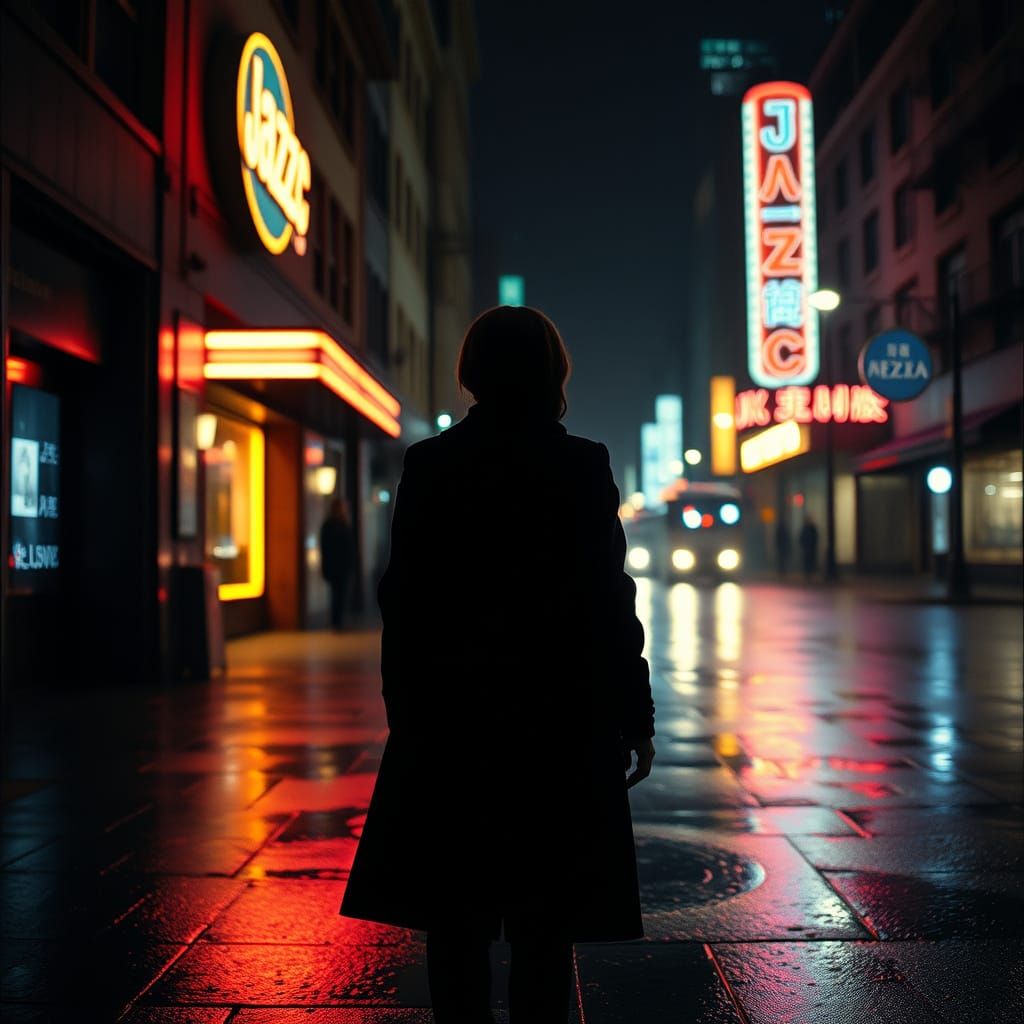 Woman Silhouetted by Neon Jazz Club Glow