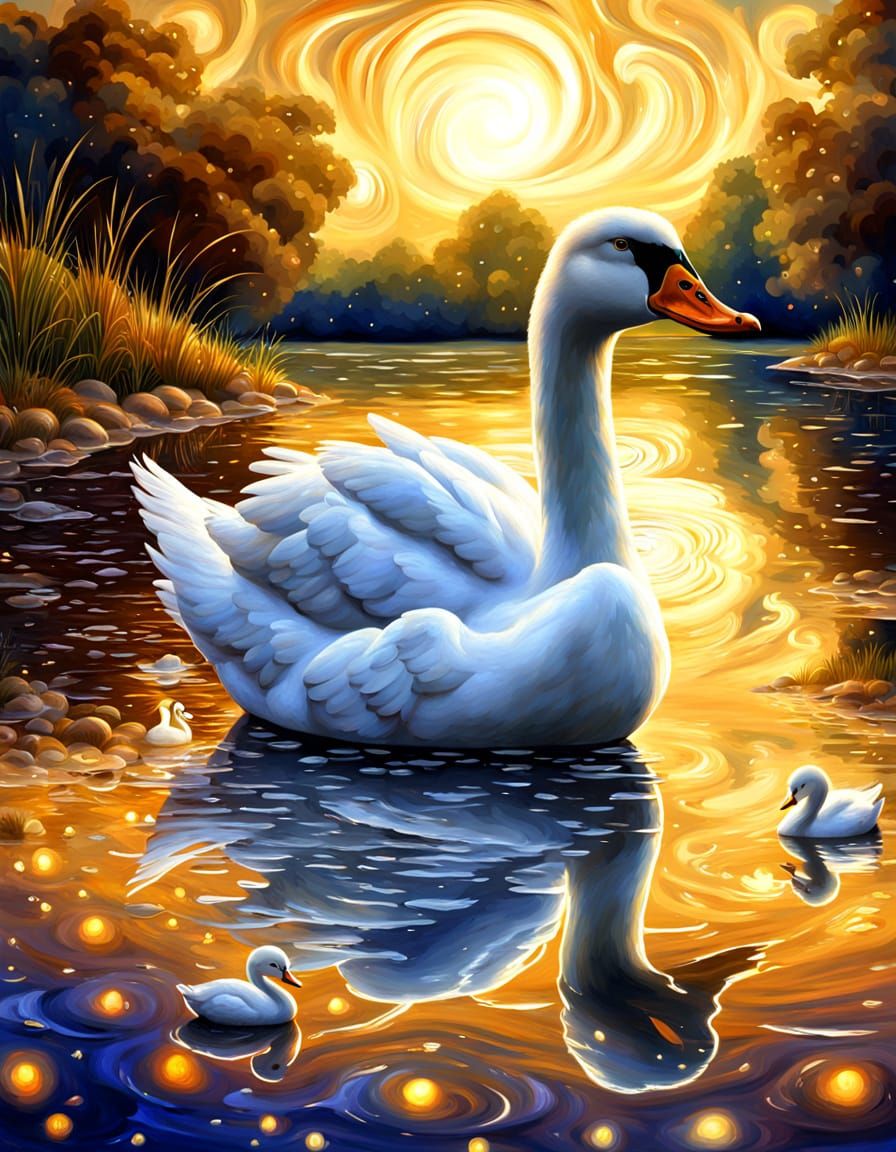 Swan in Majestic Digital Painting with Golden Reflections