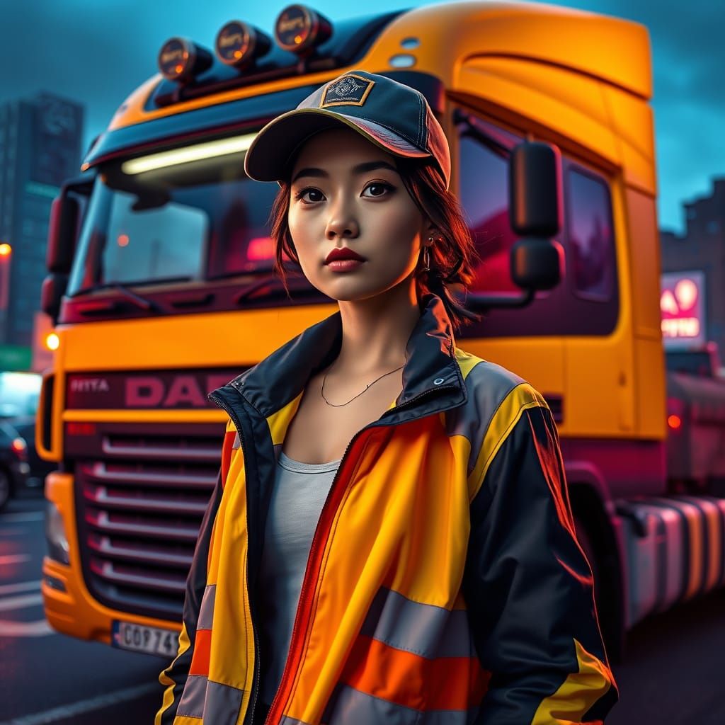 Determined Asian Trucker in Neon Cityscape, Syd Mead Style