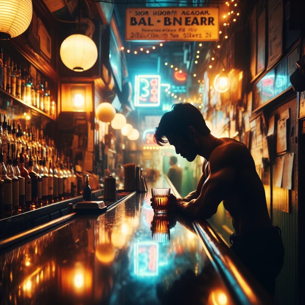 Contemplative Man with Whisky in Dimly Lit Bar