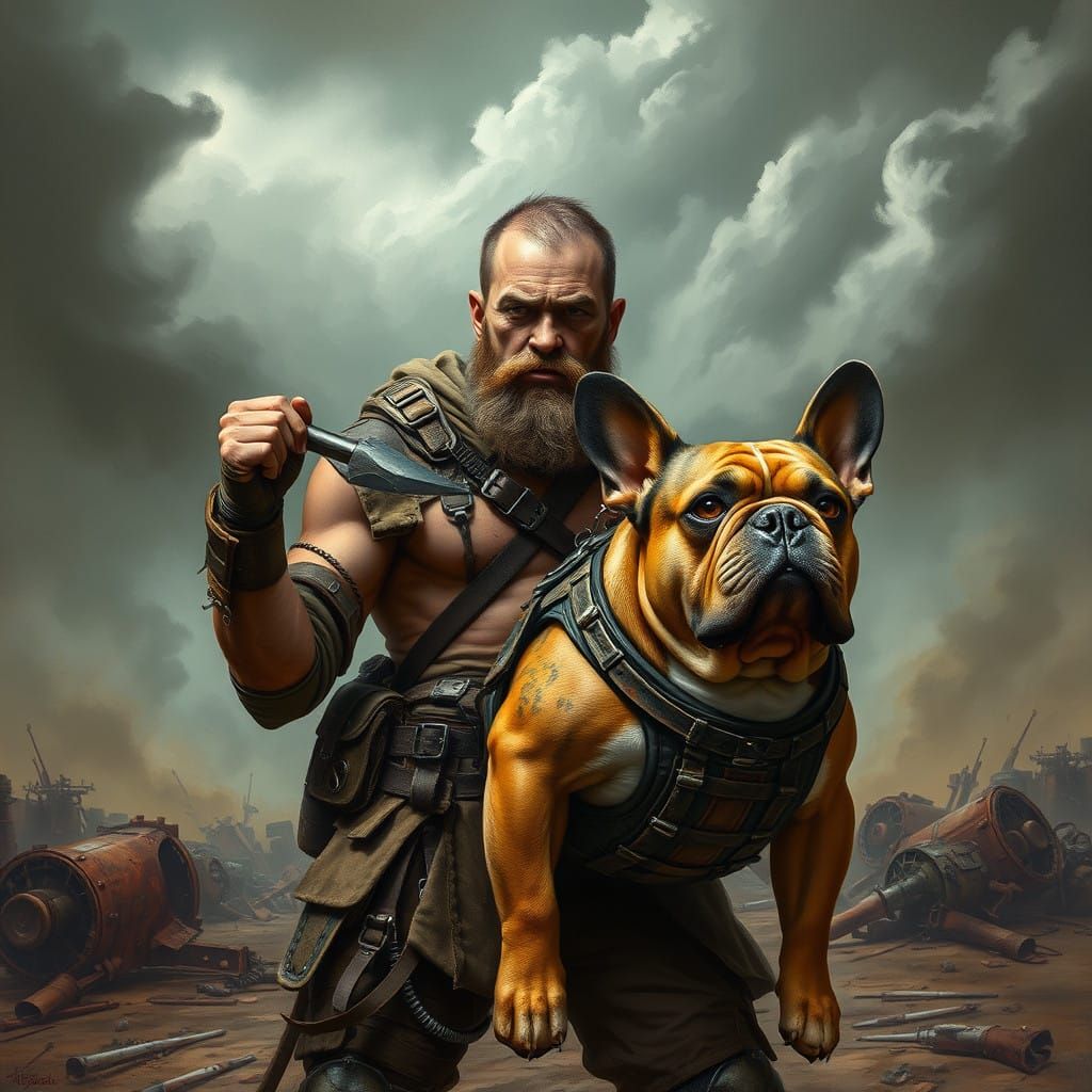 Cyberpunk Warrior and French Bulldog Stand Defiant in Apocal...