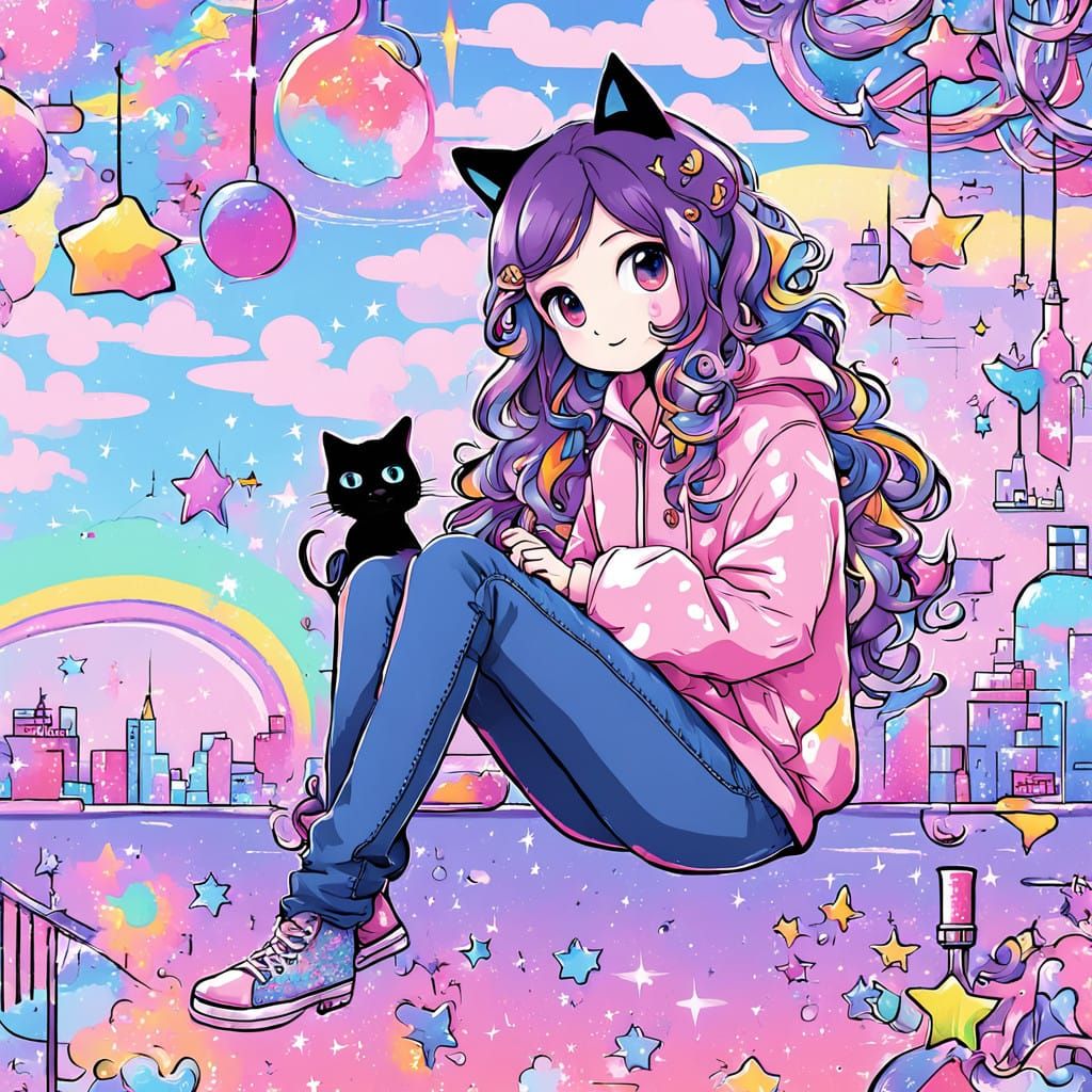 Rainbow Whimsy Girl in Dreamlike Setting