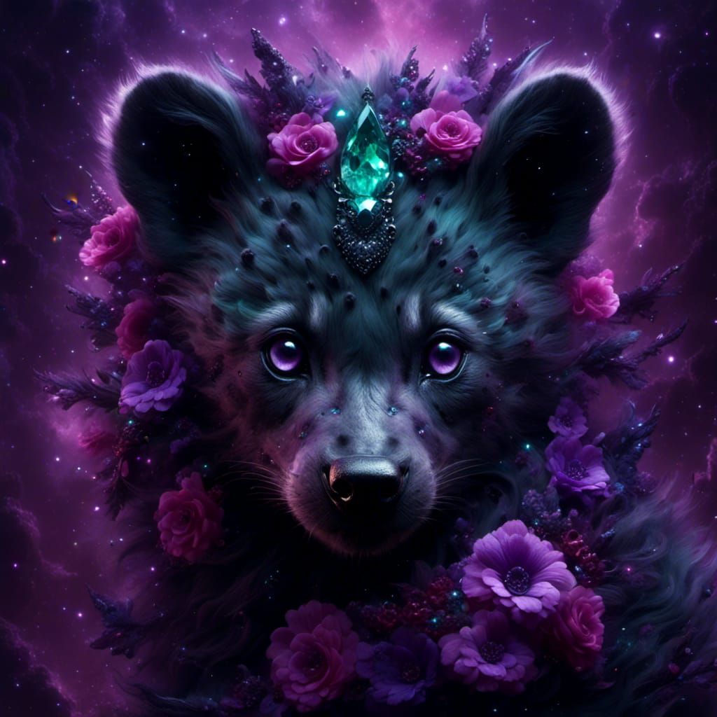 Mystic Baby Hyena with Crystals Under Starry Night