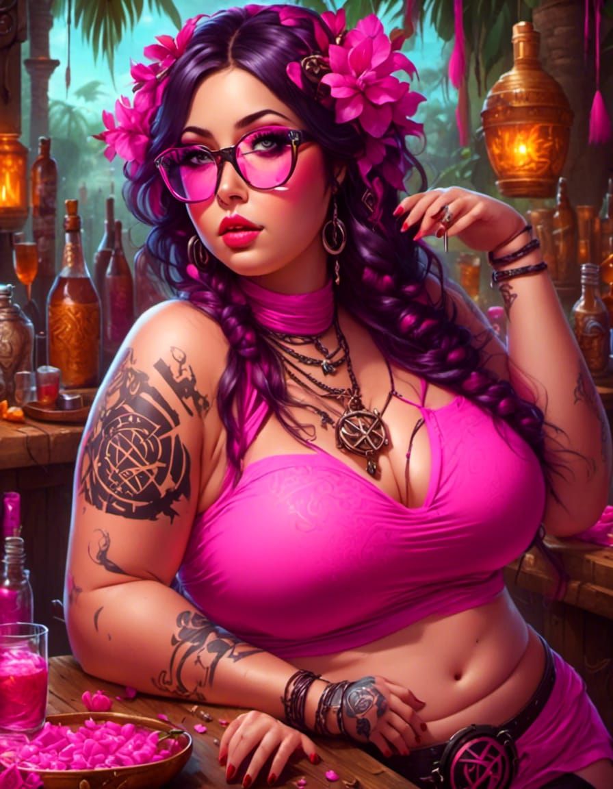 Curvy Woman at Tiki Bar with Glowing Runes