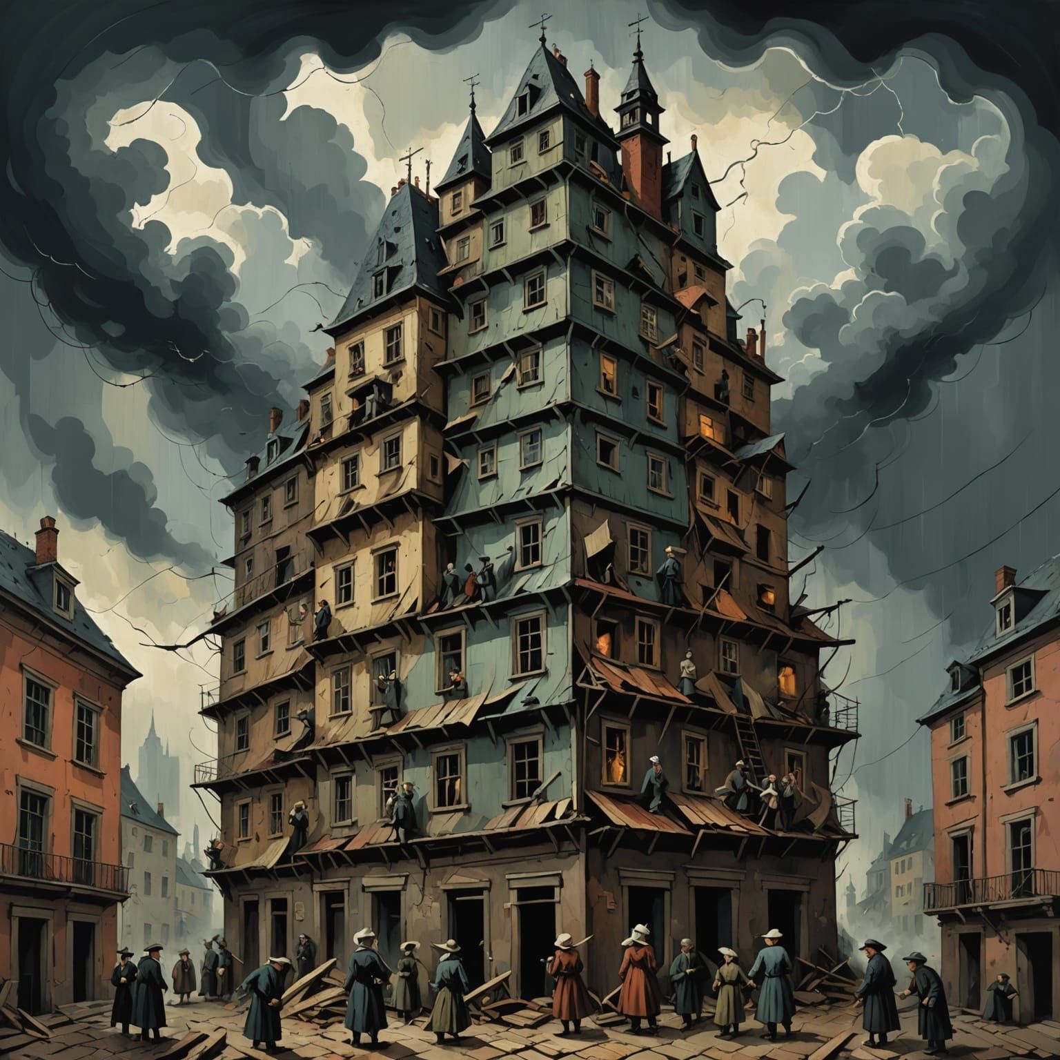 Surreal Cityscape of Human Figures in Expressionist Style