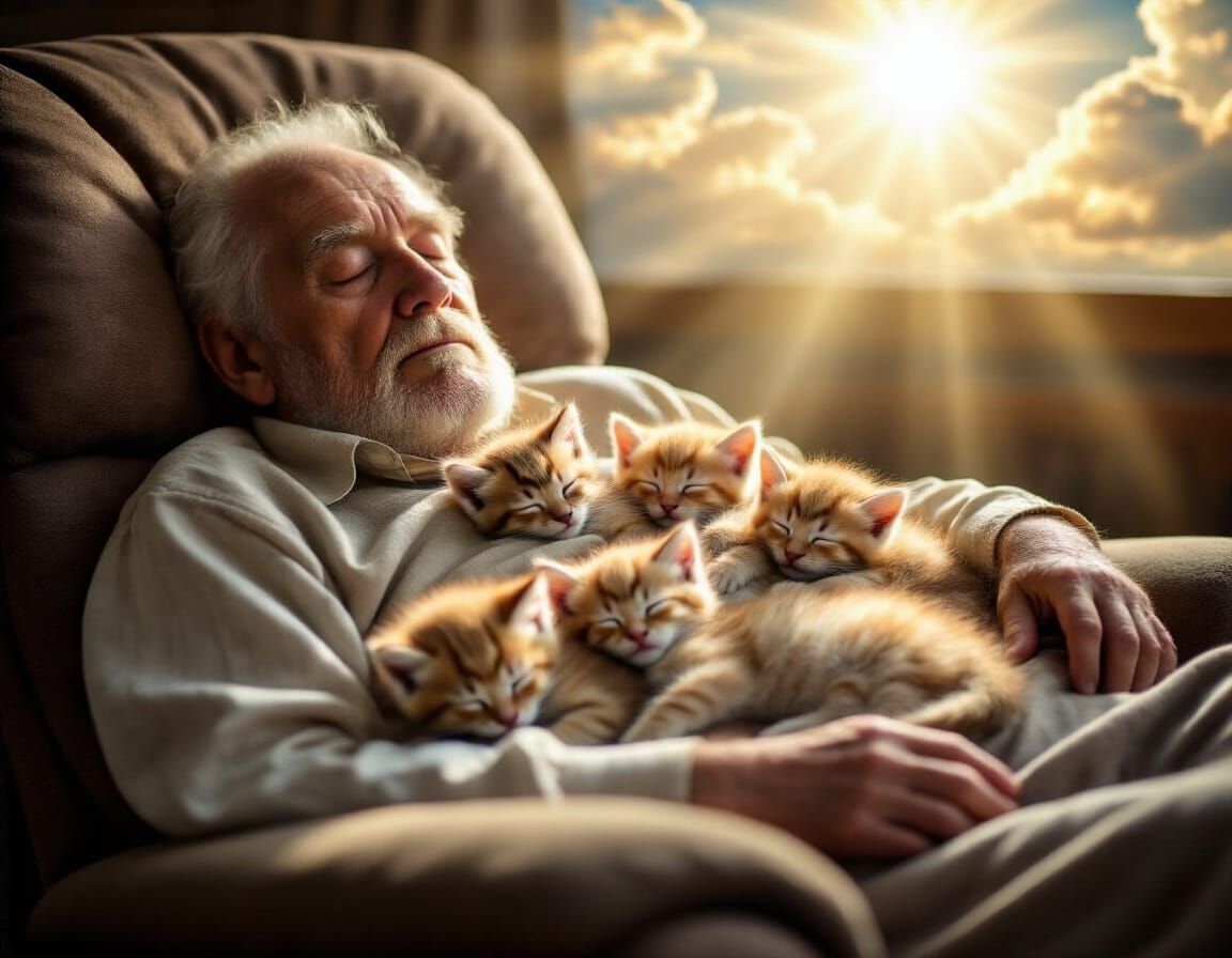 Old Man Napping with Kittens in Sunlight