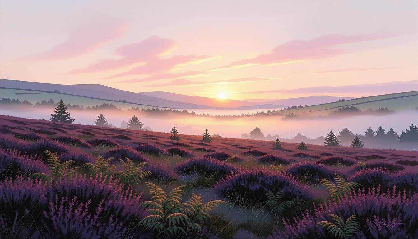 Misty Sunrise Over Irish Moor in Pastel Tones