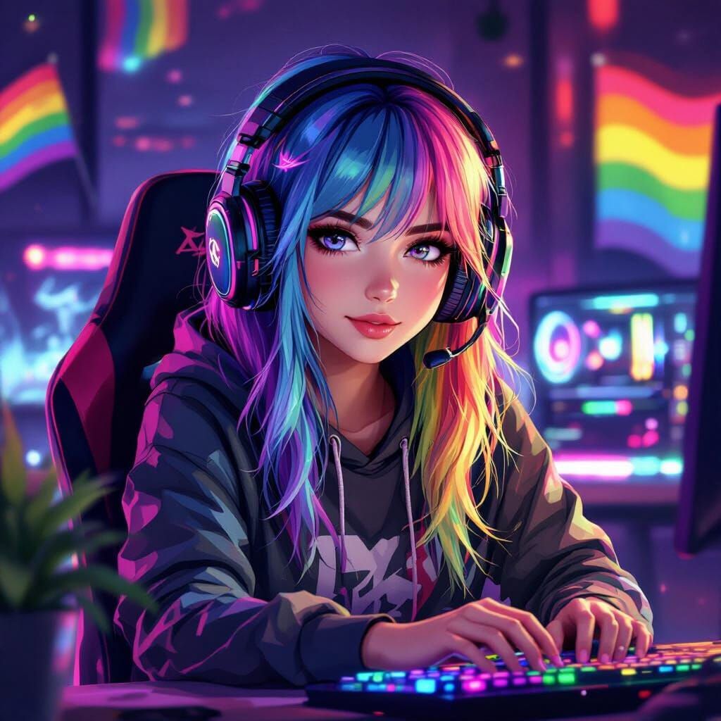 Gamer Girl Portrait with Rainbow Hair in Anime Style