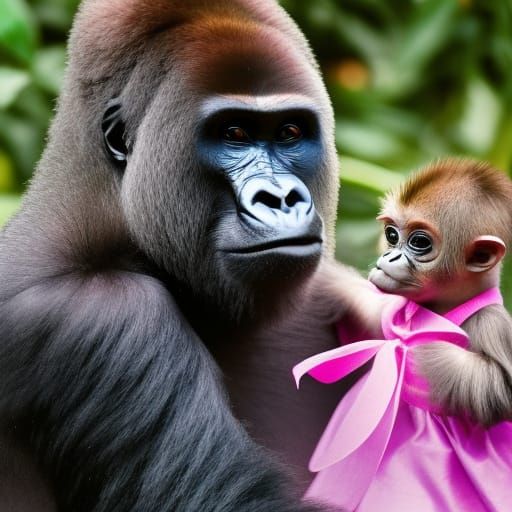 Caring Gorilla Teacher with Monkeys in Park