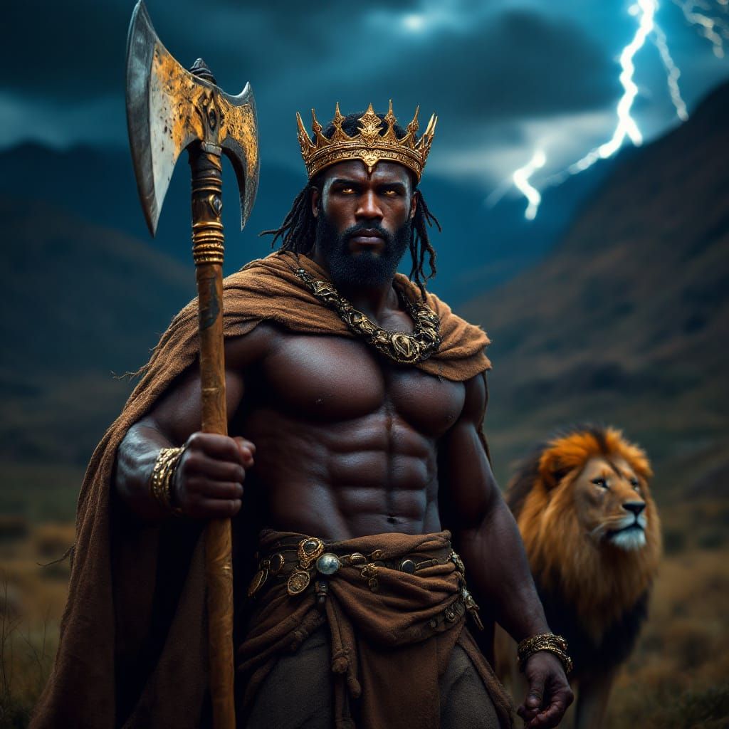 Powerful African Warrior with Axes in Hyperrealistic Style