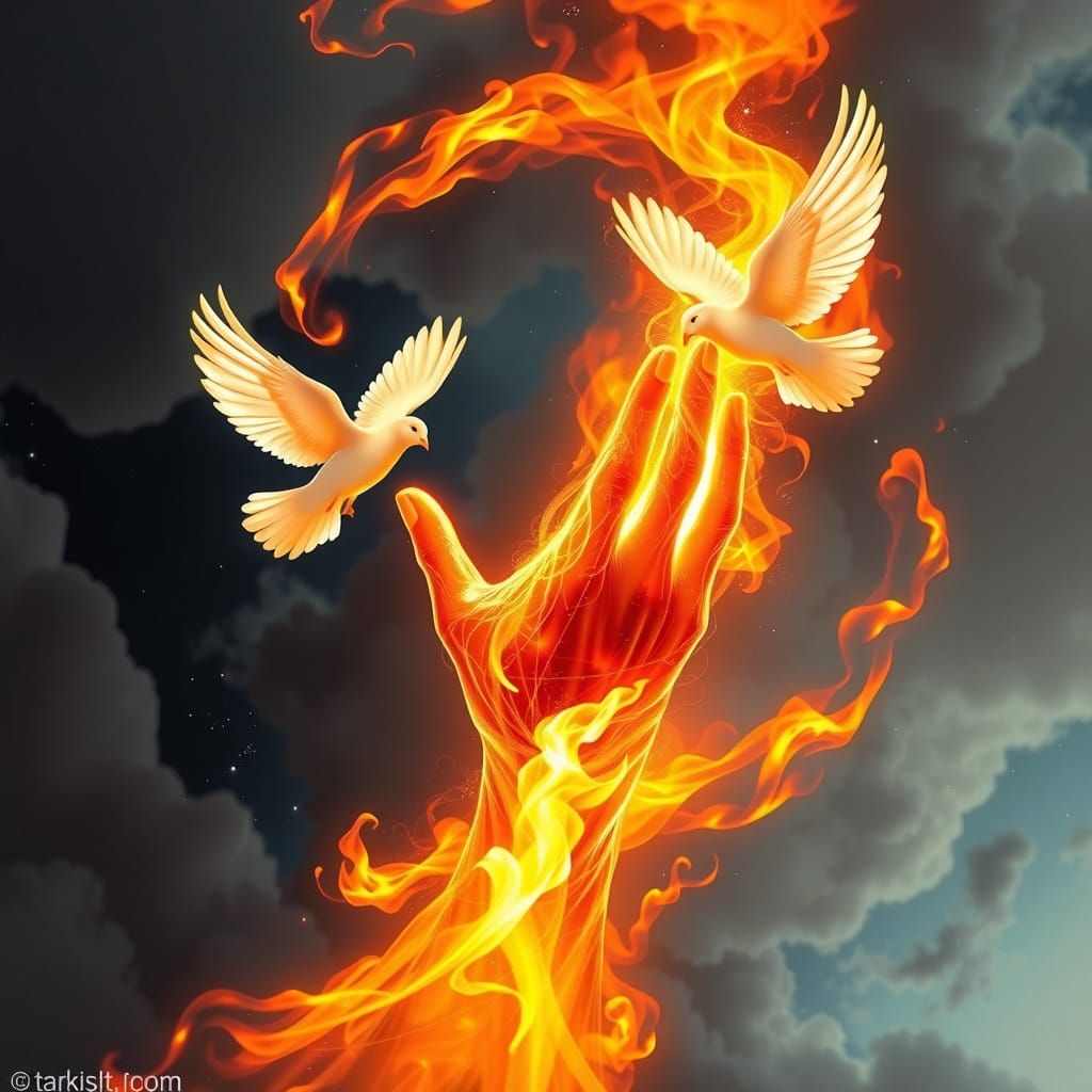 Divine Hand Illuminates Celestial Night Sky in Fiery Glory