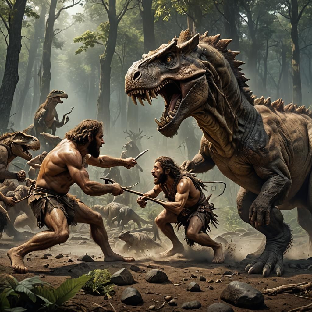Primeval Fantasy Pursuit: Neanderthal Hunted by T-Rex