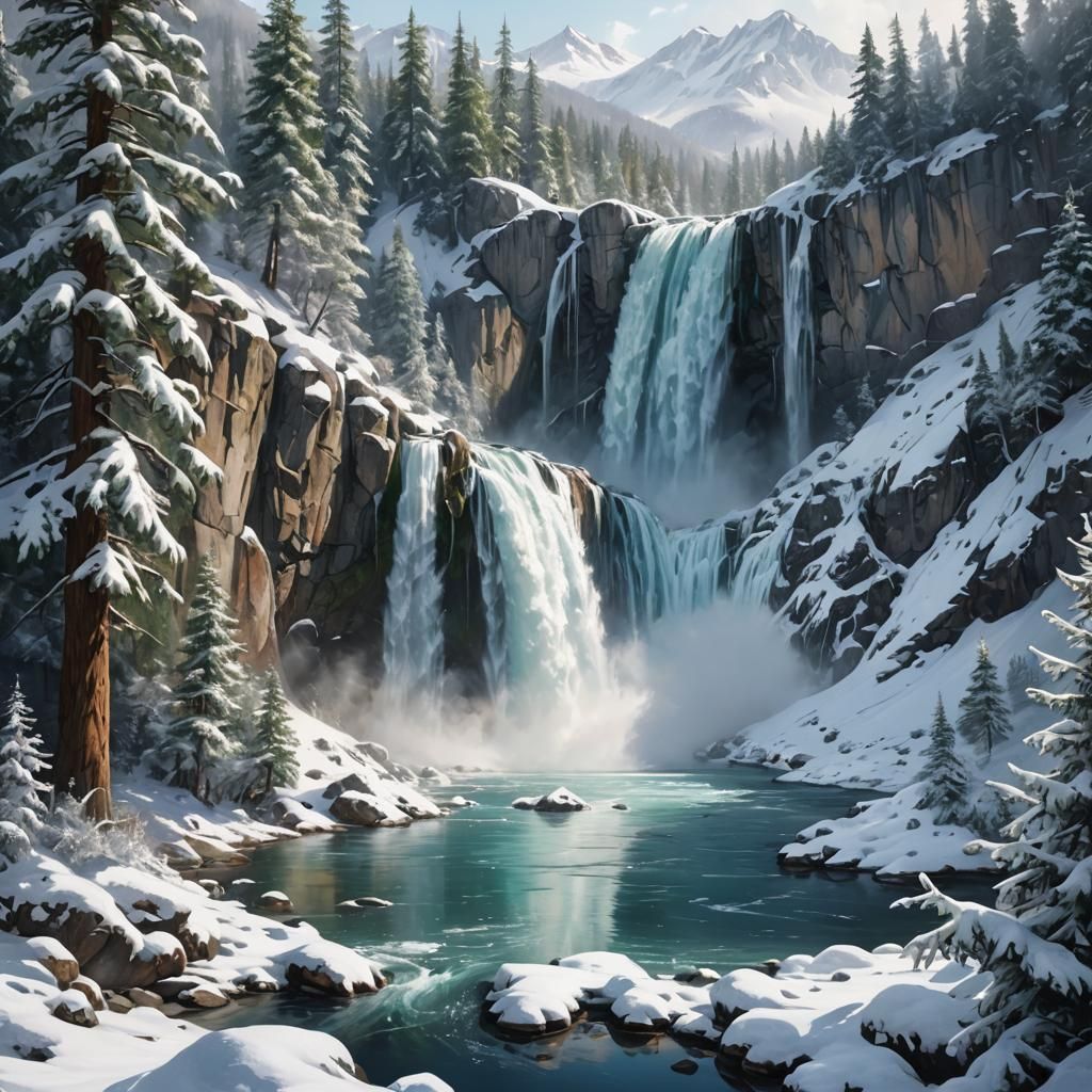 Snowy Mountains and Waterfalls in Hyperrealistic Style
