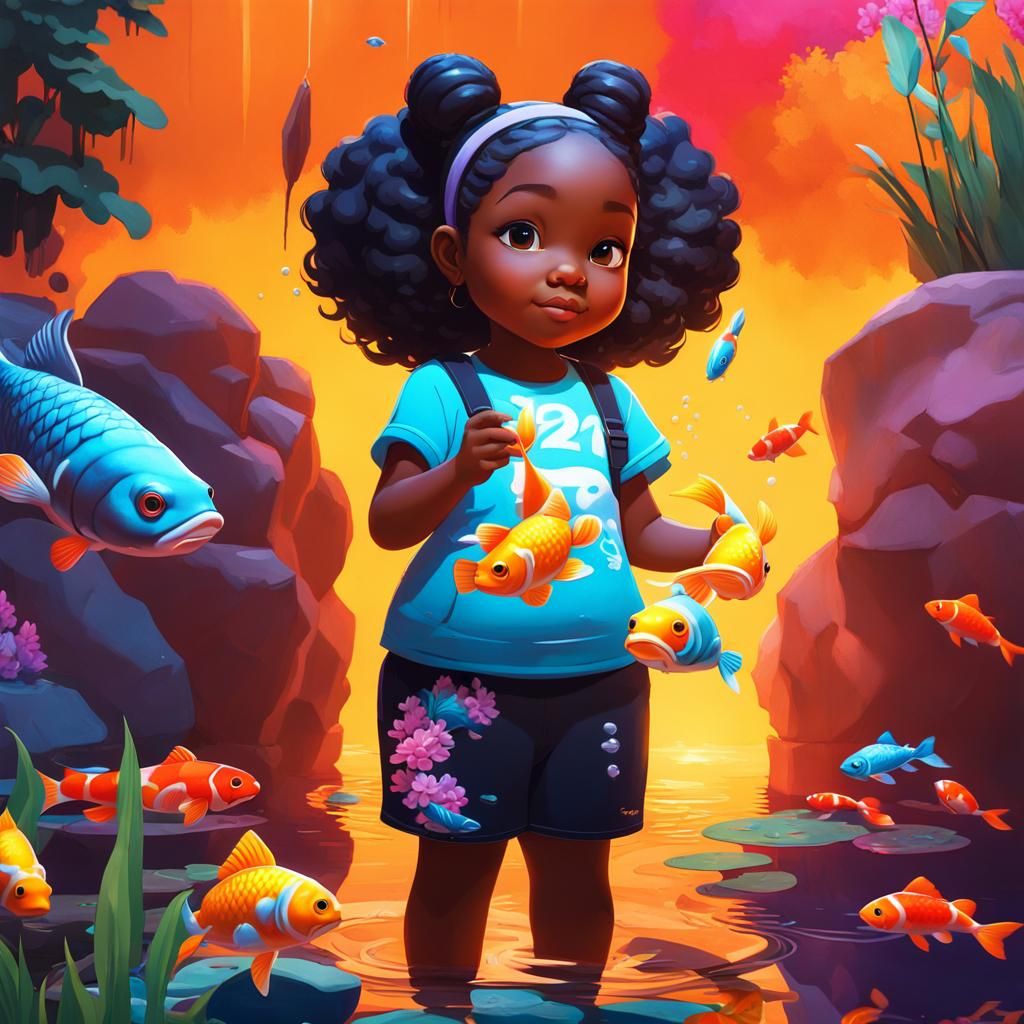 Girl Feeding Koi in Graffiti Splash Art Style