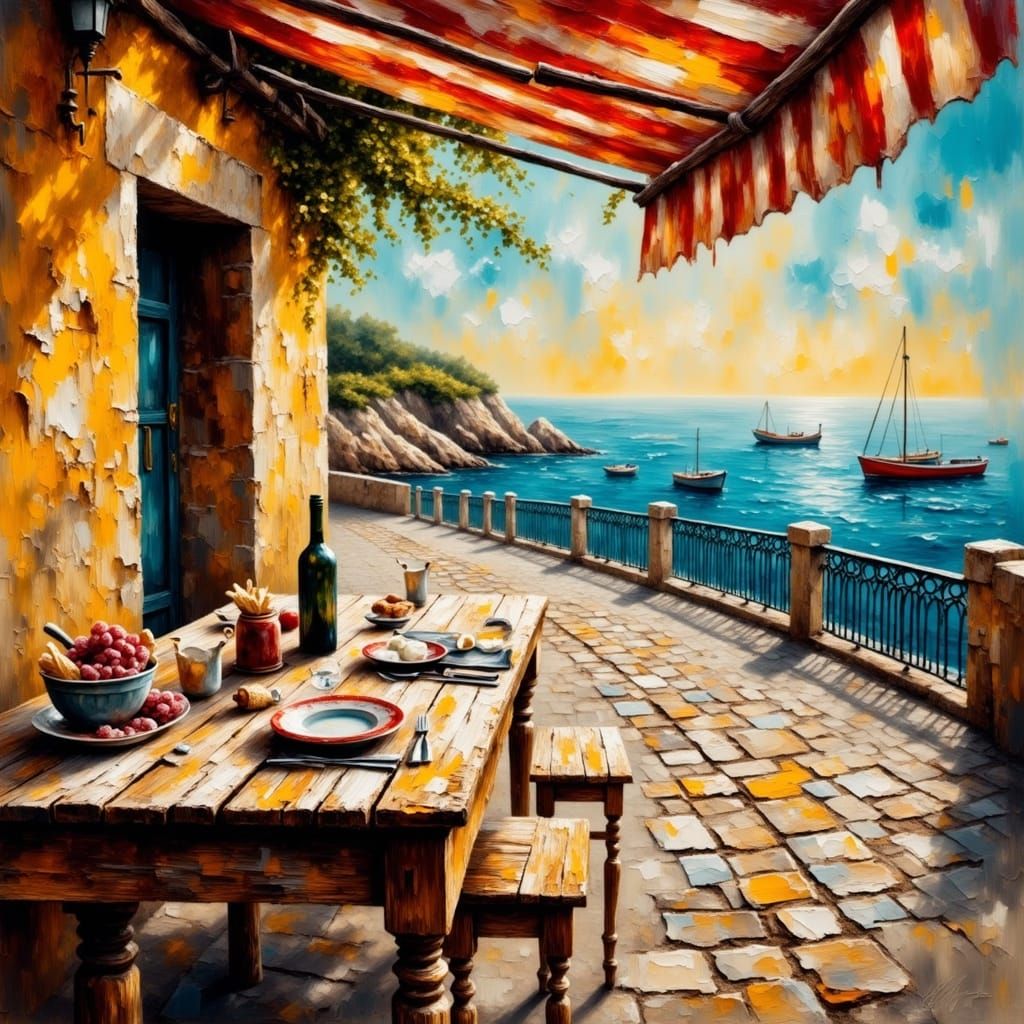 Italian Coastal Street at Golden Hour, Impasto Oil Painting