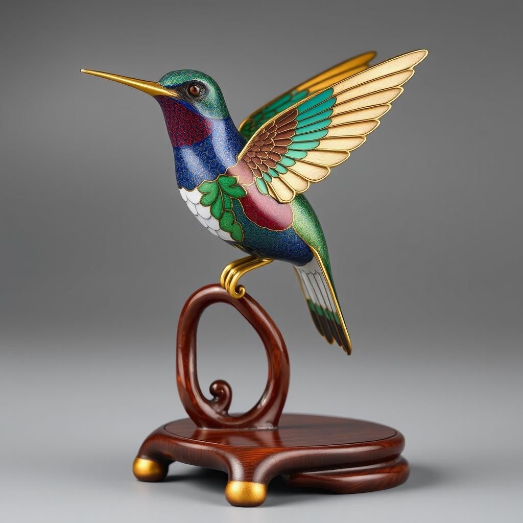 Hummingbird Statue in Cloisonné Copper Enamel Style