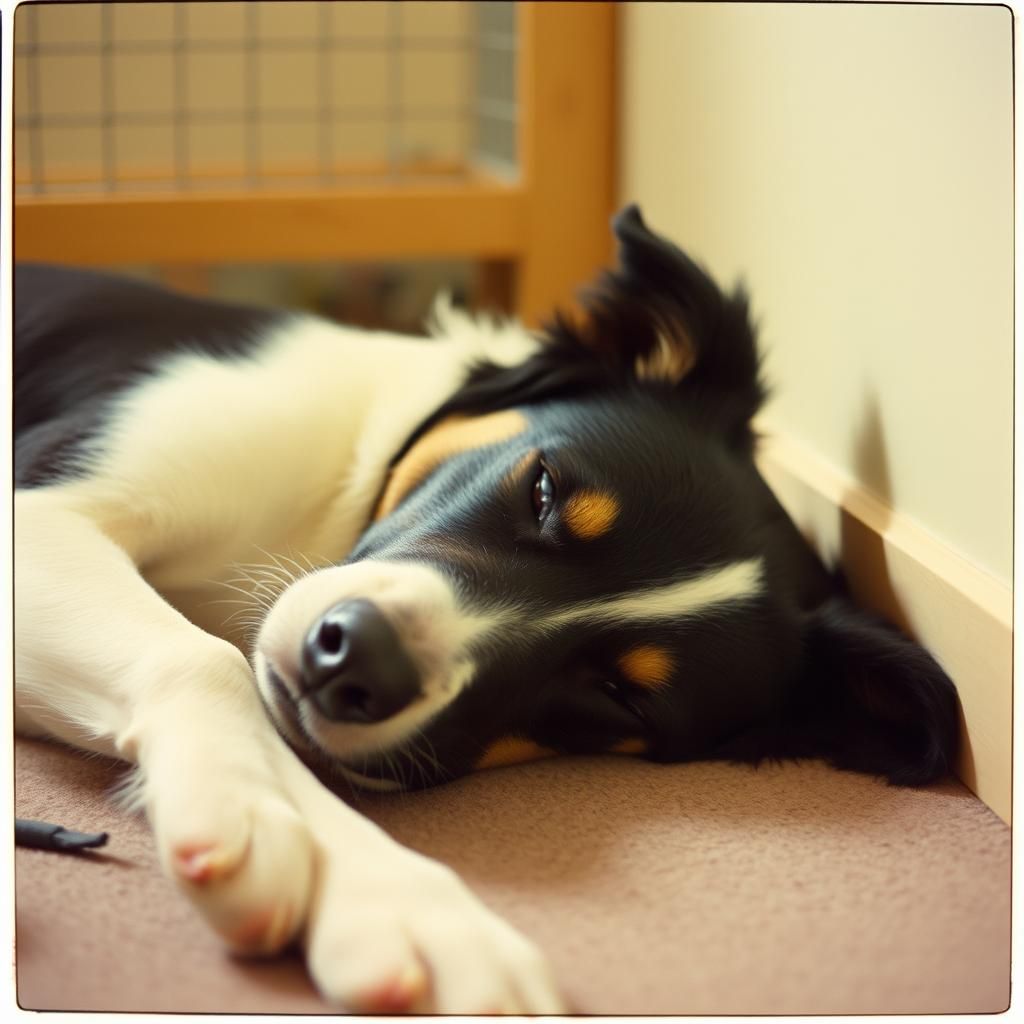 Sleeping Border Collie in Kennel: Polaroid Photography