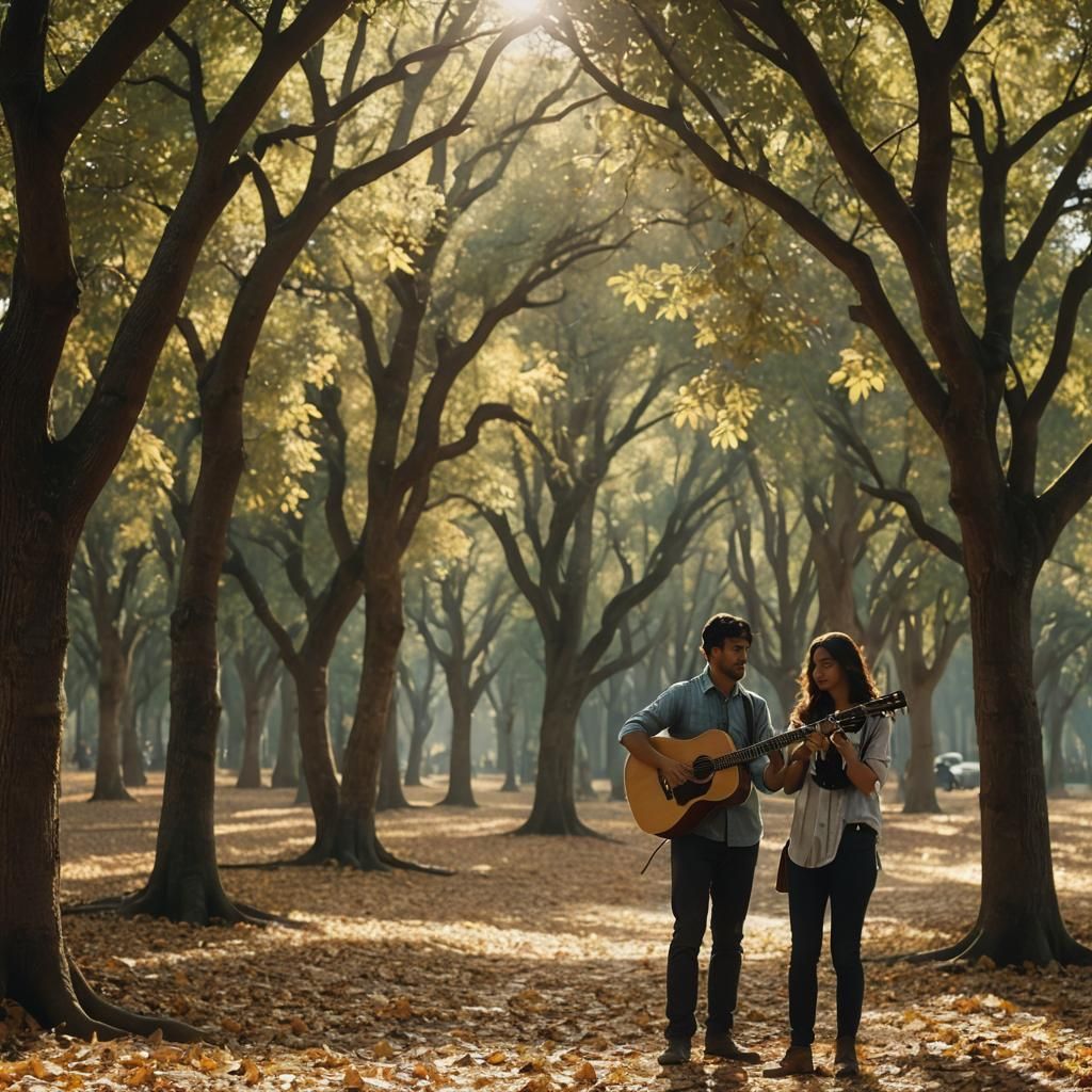 Autumn Road with Guitar in Cinematic Lighting