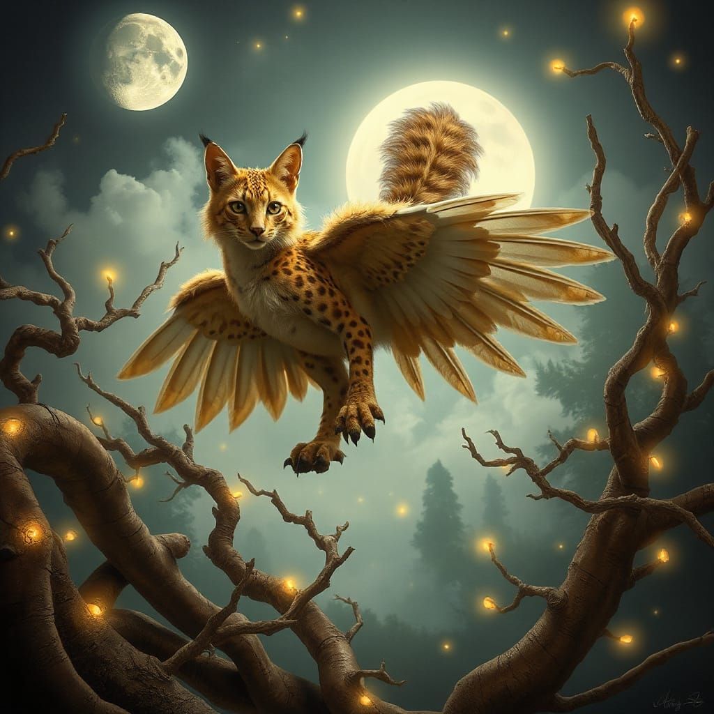 Majestic Nightingale-Ocelot Hybrid in Dreamy Moonlit Landsca...