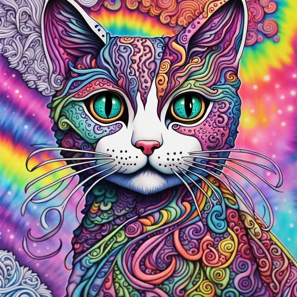 Hyperdetailed Zentangle Cat with Tie-Dye Background