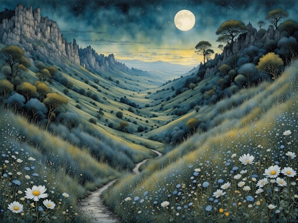 Moonlit Wildflowers Under Starry Sky in Misty Valley