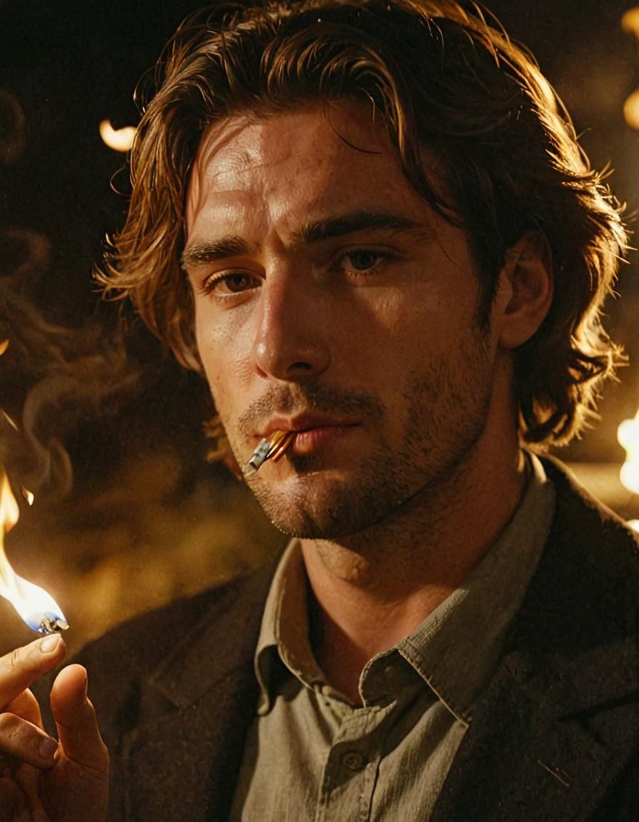 Man Lights Cigarette in Cinematic Film Still