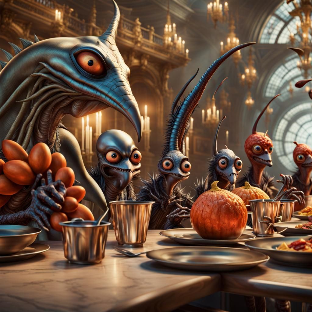 Cartoon Characters' Glitzy Meal: Surreal Photorealistic Art