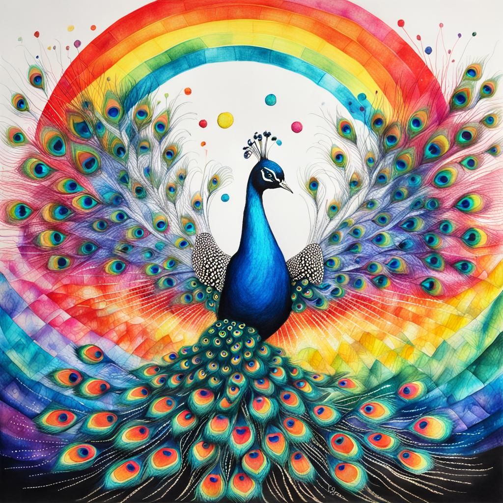 Dreamlike Peacock Fairy in Whimsical Crayon Collage
