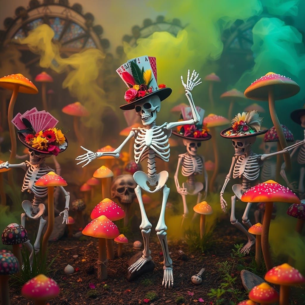 Dancing Skeletons in Mystic Graveyard with Colorful Hats