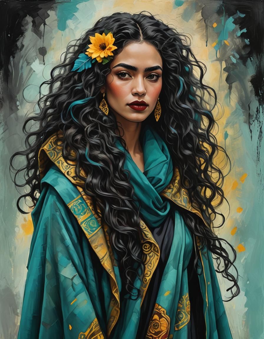 Hispanic Woman Portrait in Frida Kahlo Style
