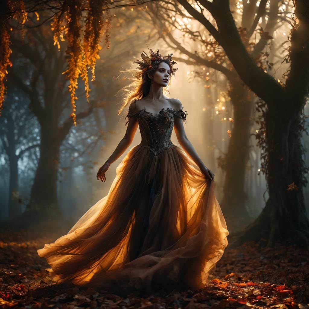 Ethereal Fairy Dryad Dances in Autumn Fog