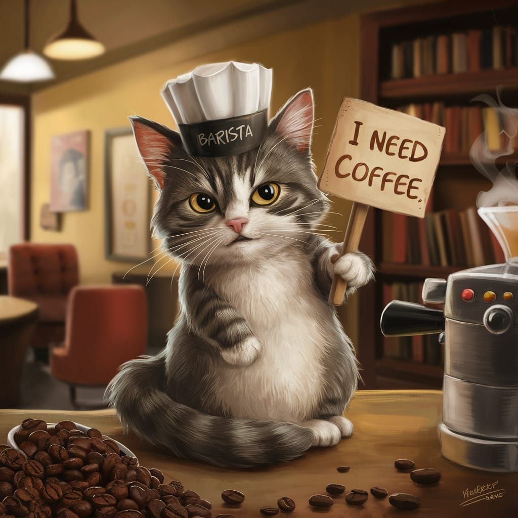 Whimsical Cat Barista Needs Coffee Illustration