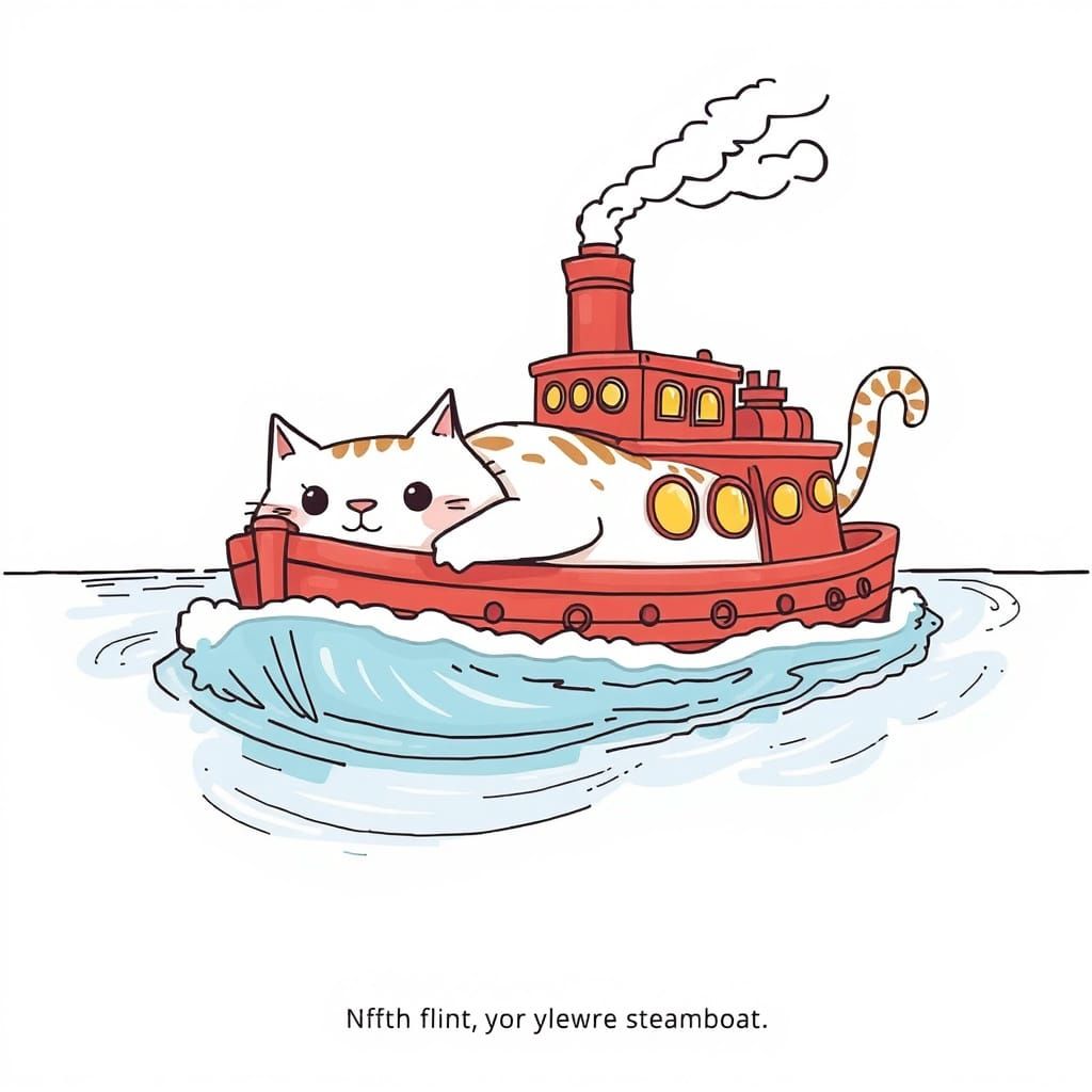 Bizarre Steamboat Cat Floats in Water, Children's Book Art
