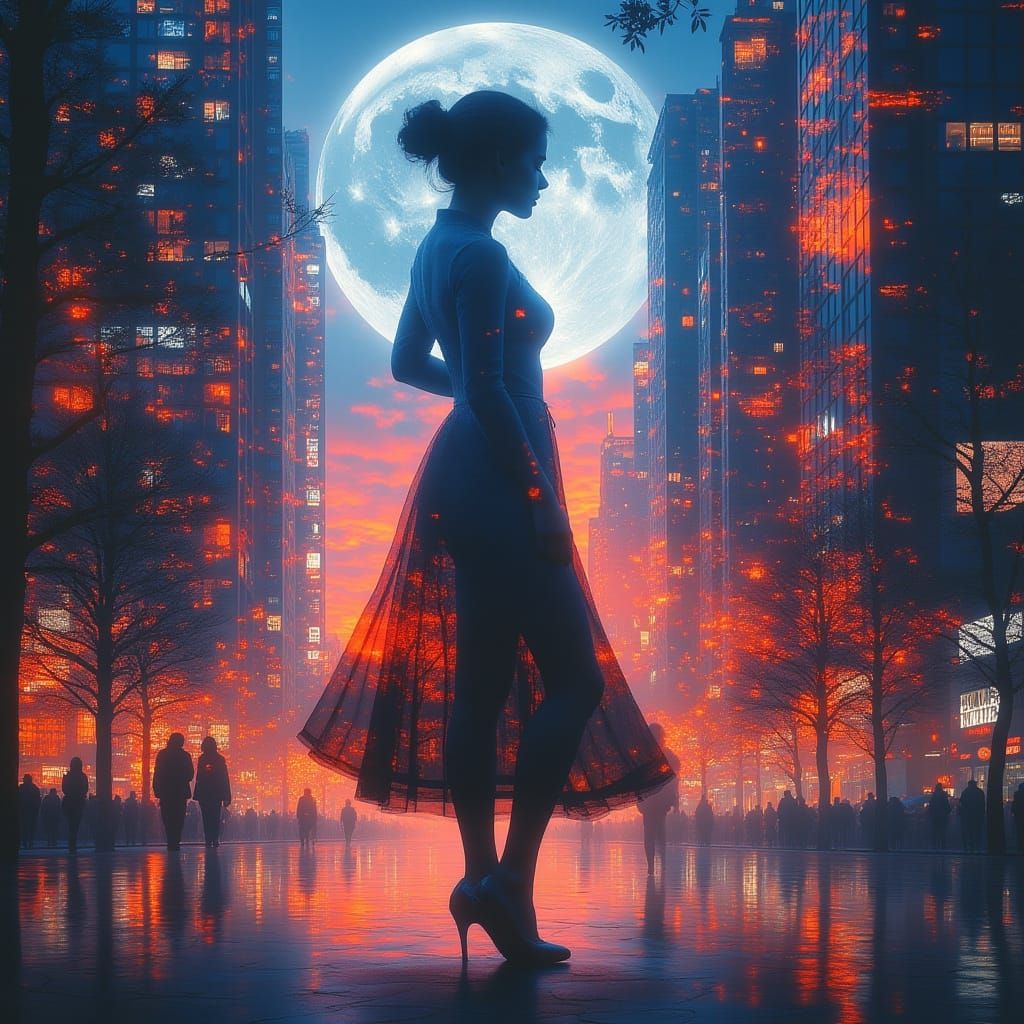 Elegant Woman in Cityscape with Moon Overlay