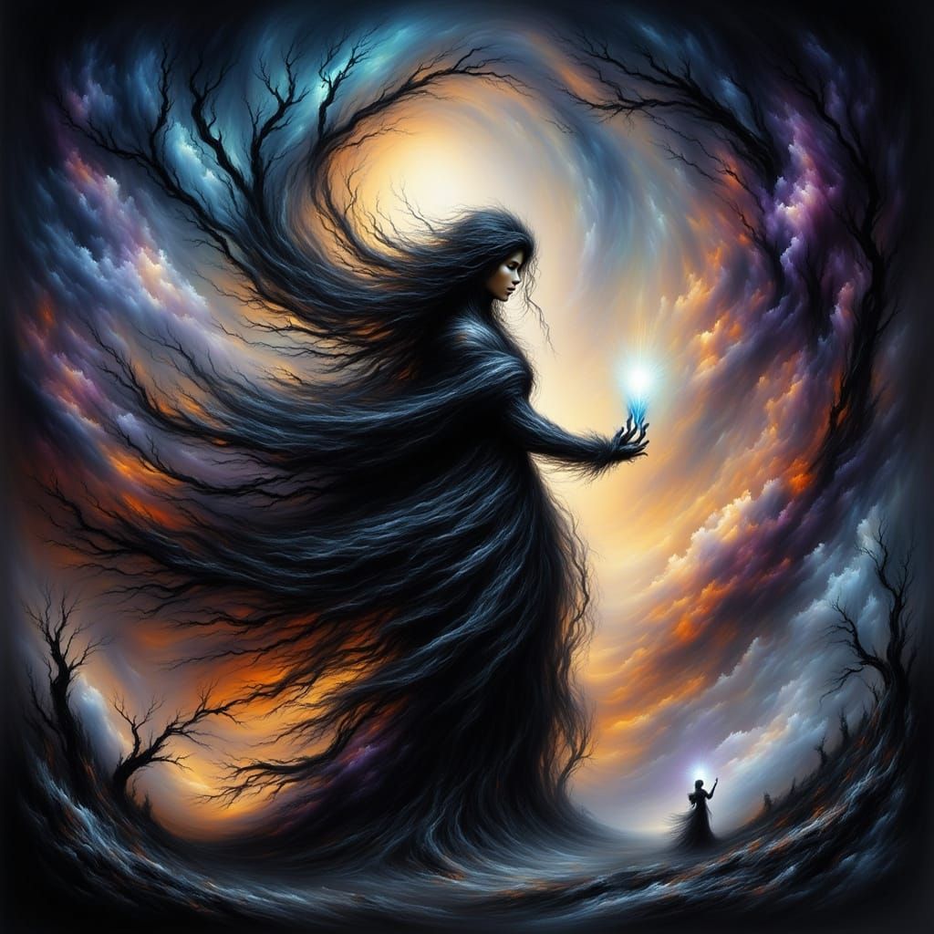 Terrifying Witch in Cosmic Vortex Dark Fantasy Art