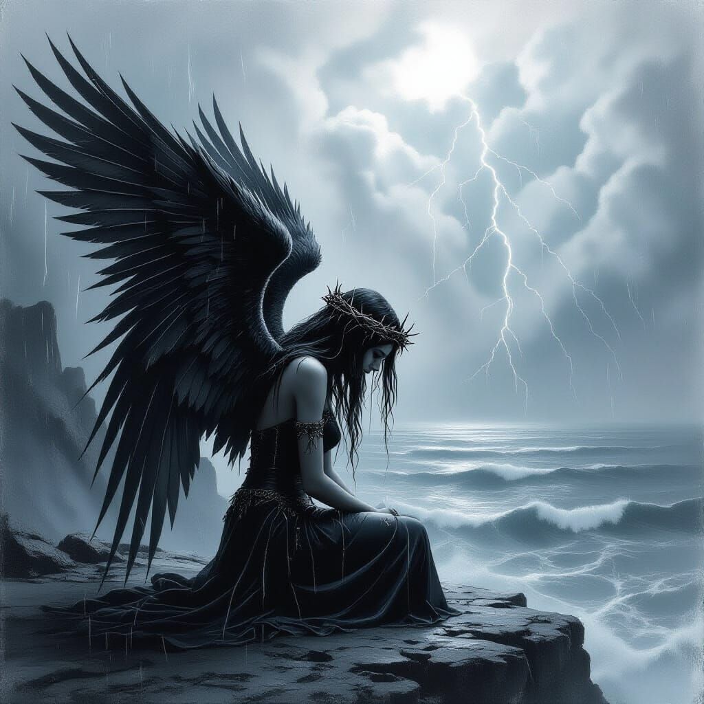 Fallen Angel on Cliff Overlooking Dark Sea