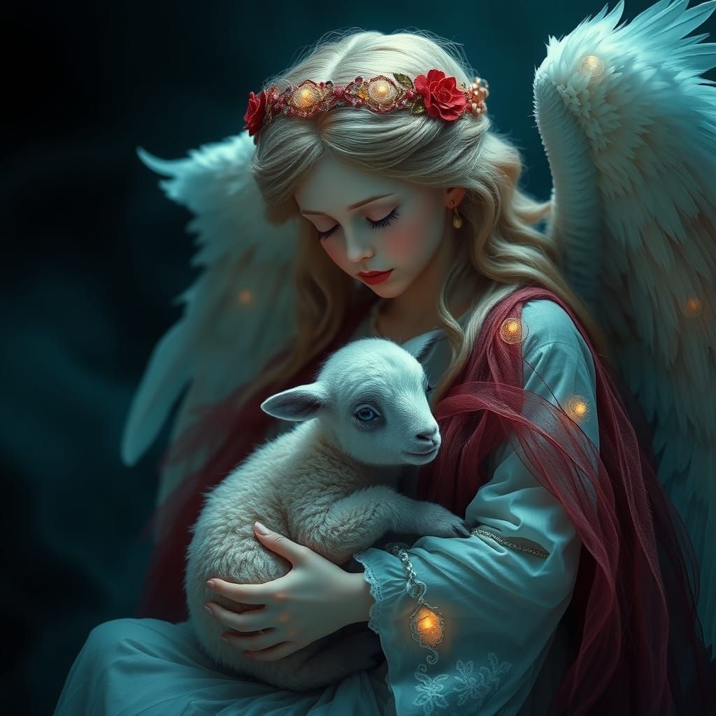 Heavenly Angel with Lamb in Ethereal Setting